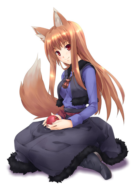 apple apples brown_hair food fruit holding holding_fruit holo long_hair minamino_kanata red_eyes spice_and_wolf tail wolf_ears