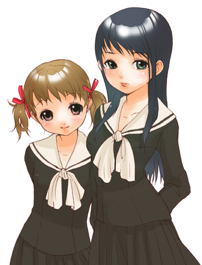 black_hair brown_eyes brown_hair green_eyes inuburo long_hair multiple_girls school_uniform short_hair smile twintails