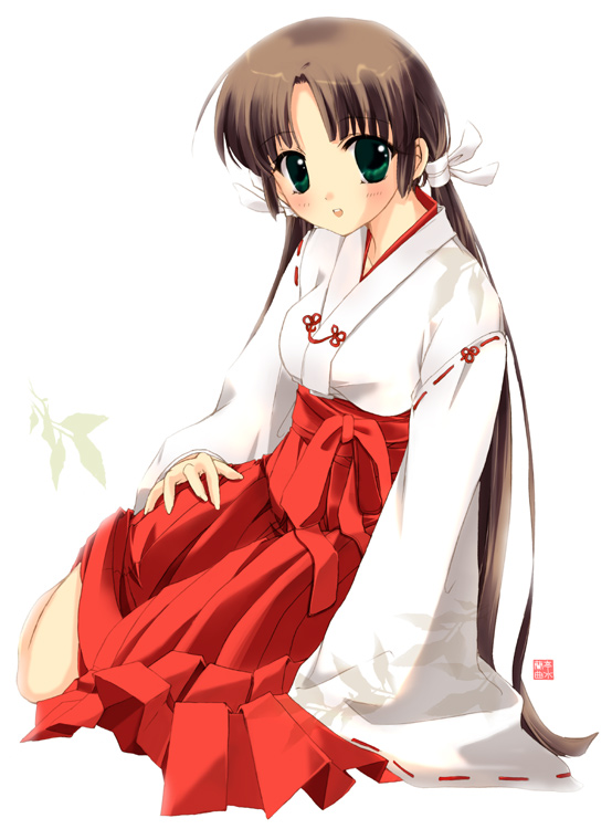 brown_hair green_eyes japanese_clothes long_hair miko nazen_shikana original sitting solo twintails