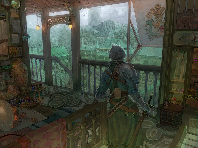 67_shitsu armor balcony city flag from_behind indoors jewelry lights male medieval mountain munashichi scabbard sheath silver_hair solo stairs sword table tree trees weapon window