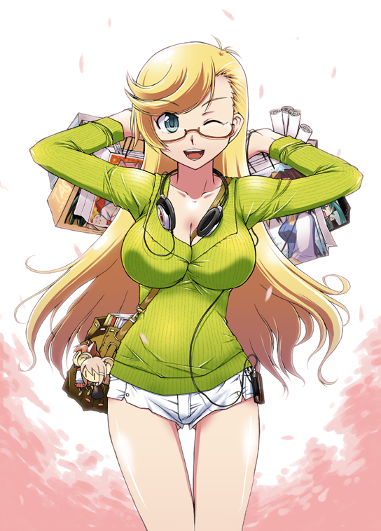 breasts cleavage glasses green_eyes headphones headphones_around_neck long_hair original ryouchin shorts thigh_gap wink