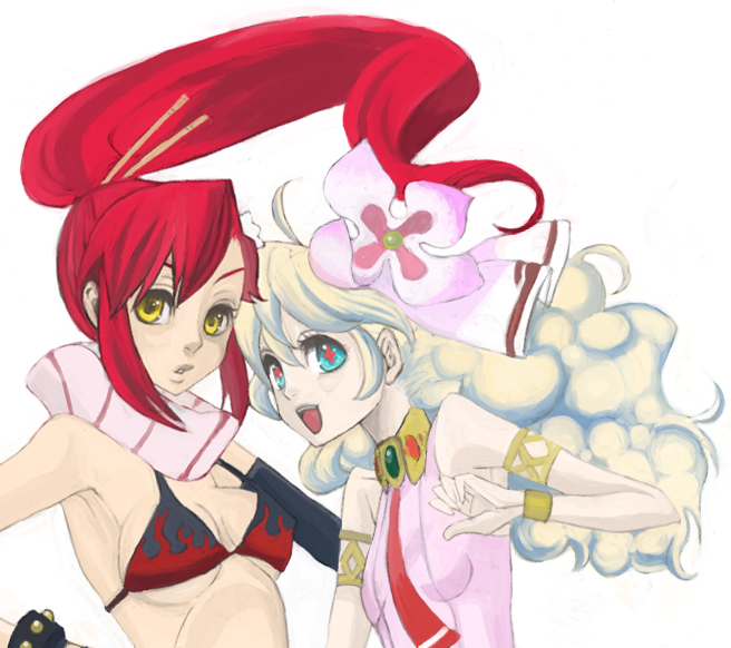 armlet bikini bikini_top bracelet flower gloves hair_flower hair_ornament jewelry long_hair mksm multicolored_hair multiple_girls necktie nia_teppelin ponytail red_hair redhead scarf sleeveless swimsuit tengen_toppa_gurren_lagann white_hair yellow_eyes yoko_littner yoko_ritona