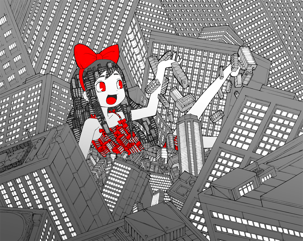 bad_id barefoot black_hair bow building buildings city dress giant giantess hair_bow happy pac-man_eyes patterned red_eyes ribbon ribbons
