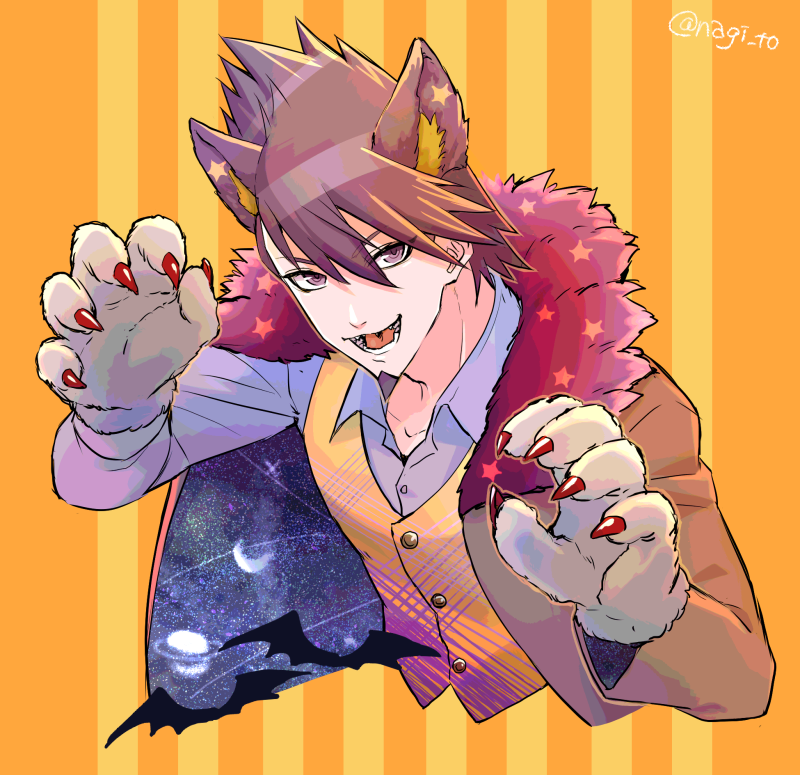 1boy animal_ears bangs bat blue_shirt brown_hair brown_jacket commentary_request crescent_print cropped_torso dangan_ronpa diagonal_stripes facial_hair fur_trim gloves goatee halloween_costume jacket jacket_on_shoulders looking_at_viewer male_focus momota_kaito nagi_to_(kennkenn) nail_polish new_dangan_ronpa_v3 open_mouth orange_background orange_vest paw_gloves paws shirt short_hair solo space_print spiky_hair starry_sky_print striped striped_background two-tone_background vest wolf_ears wolf_paws