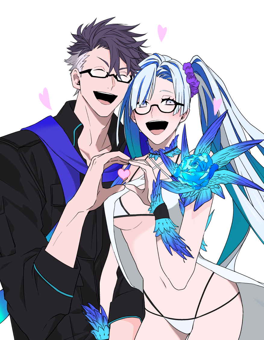 1boy 1girl :d bikini black-framed_eyewear black_shirt blue_flower blue_rose boorunrun brynhildr_(fate) brynhildr_(swimsuit_berserker)_(fate) closed_eyes couple fate/grand_order fate_(series) feathers flower glasses happy heart heart_hands heart_hands_duo hetero light_blue_hair long_hair memories_with_my_lover multicolored_hair navel open_mouth purple_hair purple_scarf rose scarf shirt side_ponytail sigurd_(fate/grand_order) simple_background smile swimsuit two-tone_hair violet_eyes white_background white_bikini white_hair