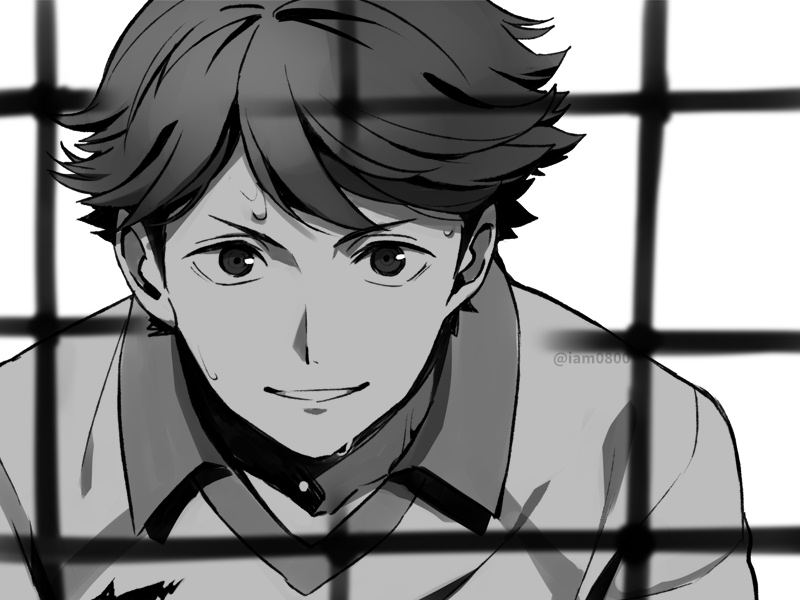1boy bangs collared_shirt commentary_request grey_background greyscale haikyuu!! looking_at_viewer male_focus monochrome oikawa_tooru_(haikyuu!!) parted_lips sayshownen shirt short_hair smile solo sportswear sweat twitter_username upper_body volleyball_net volleyball_uniform watermark