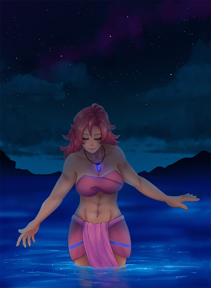 abs bikini closed_eyes dark_skin fire_emblem fire_emblem:_three_houses fire_emblem:_three_houses fire_emblem_16 hapi_(fire_emblem) intelligent_systems jewelry necklace night nintendo ocean redhead sky star_(sky) starry_sky swimsuit timeskip toned water young_adult zalosta