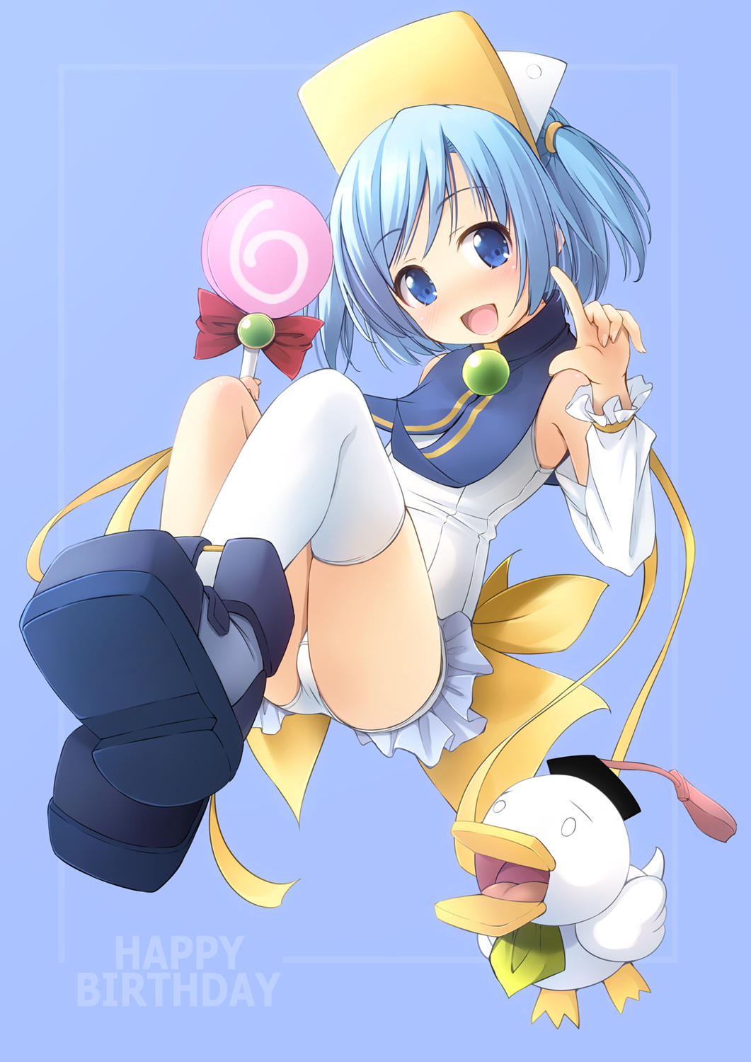 1girl :d ah-kun animal ass bird blue_background blue_eyes blue_footwear blue_hair blush boots bow candy commentary_request detached_sleeves duck food frills full_body hands_up happy_birthday highres holding holding_candy holding_food holding_lollipop index_finger_raised lollipop long_sleeves moetan nijihara_ink one-piece_swimsuit open_mouth pastel_ink red_bow shibacha shoe_soles single_thighhigh smile swimsuit swirl_lollipop thigh-highs thighhighs_under_boots two_side_up visor_cap white_headwear white_legwear white_sleeves white_swimsuit