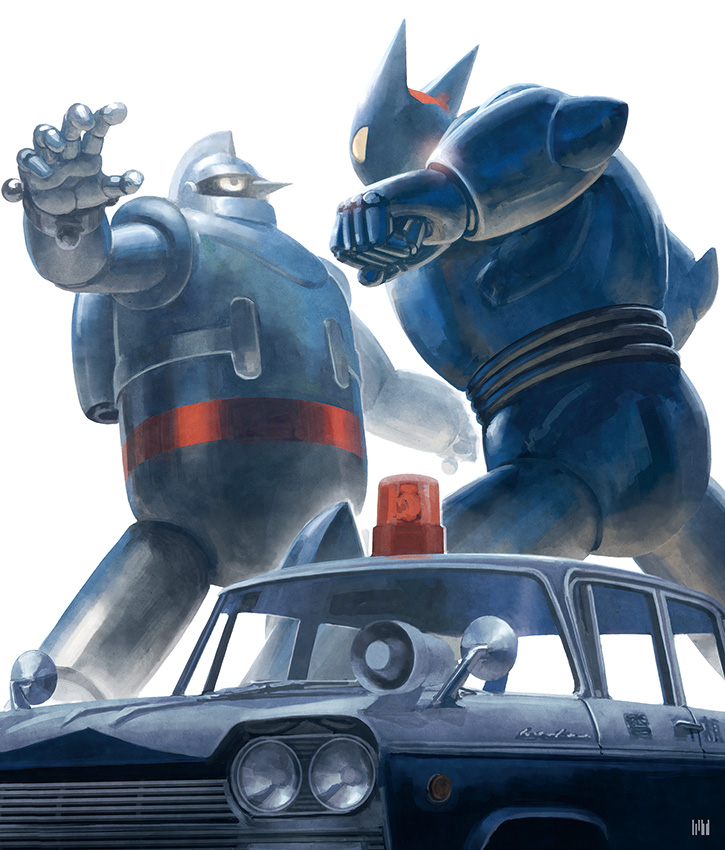 black_ox car clenched_hand fighting fmu ground_vehicle jetpack looking_at_another mecha motor_vehicle no_humans open_hands tetsujin_28 tetsujin_28-gou white_background yellow_eyes