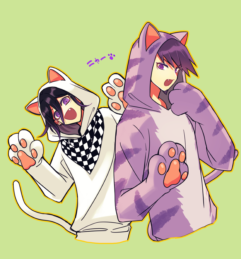 2boys :d animal_costume animal_ears arms_up black_hair cat_costume cat_ears cat_paws cat_tail checkered checkered_scarf commentary_request cropped_torso dangan_ronpa fake_animal_ears fake_tail fang green_background hair_between_eyes hand_up hood hoodie looking_at_viewer male_focus momota_kaito multiple_boys nagi_to_(kennkenn) new_dangan_ronpa_v3 open_mouth ouma_kokichi paws purple_hair scarf simple_background smile tail translation_request violet_eyes white_hoodie