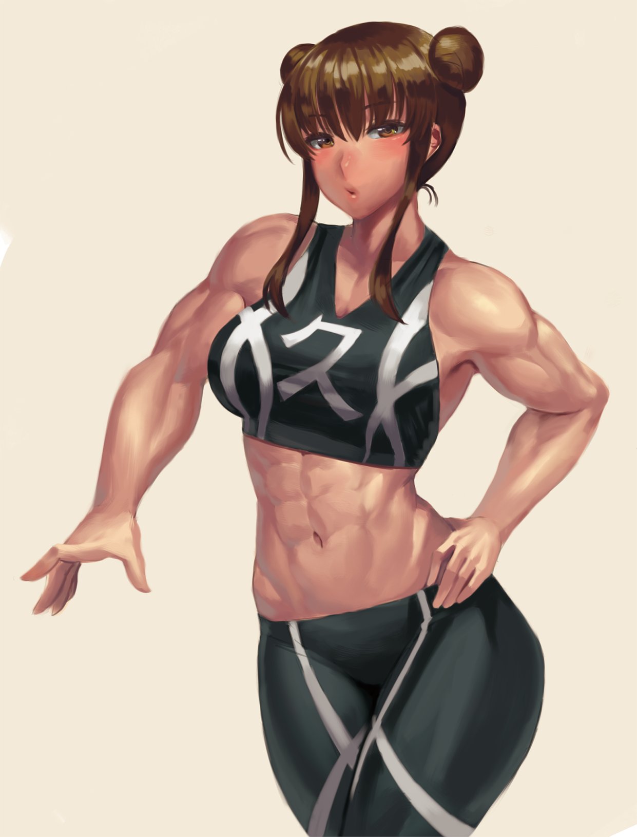 1girl abs bangs bare_arms bare_shoulders biceps blush brown_eyes brown_hair double_bun hand_on_hip highres iwakakeru!_sport_climbing_girls kumagai_chigusa looking_at_viewer muscle muscular_female navel ranma_(kamenrideroz) shading shoulders sports_bra sportswear