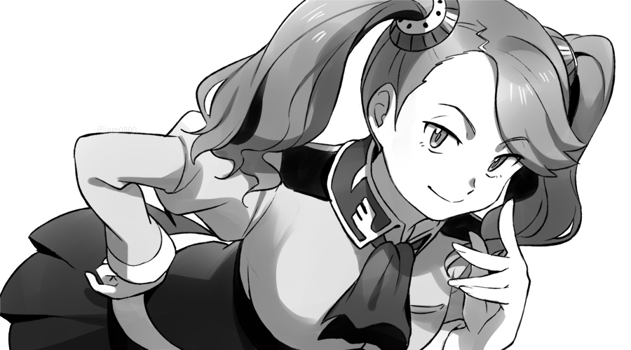 1girl breasts closed_mouth commentary_request cravat eyebrows_visible_through_hair gloves grey_background greyscale gundam gundam_build_fighters gundam_build_fighters_try hair_ornament hairclip hand_on_hip hand_up high-waist_skirt large_breasts long_hair looking_at_viewer monochrome sayshownen sazaki_kaoruko school_uniform shiny shiny_hair short_sleeves skirt smirk solo twintails