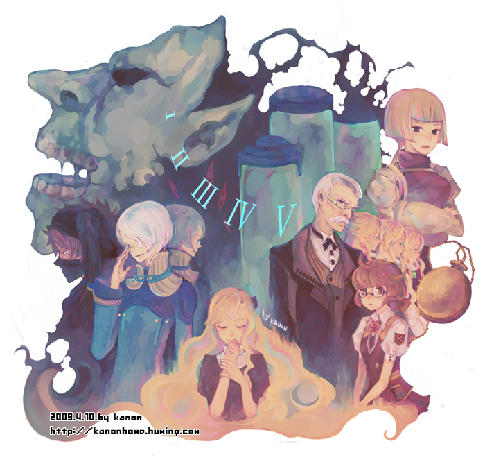 3boys 6+girls adjusting_eyewear ahoge bangs black-framed_eyewear black_jacket black_neckwear blonde_hair blouse blue_eyes blue_shirt bob_cut bow bowtie brooch brown_blouse brown_eyes brown_hair brown_vest buttons character_request closed_eyes closed_mouth covered_face dark_persona darkness dated demon extra_eyes facial_hair hair_over_one_eye hand_to_own_mouth hands_together jacket jewelry kanon_(rsl) kiel-d-01 layered_clothing long_hair long_sleeves looking_at_viewer mask monster multiple_boys multiple_girls mustache necktie old_man open_mouth pocket_watch puffy_long_sleeves puffy_short_sleeves puffy_sleeves ragnarok_online ring roman_numerals round_eyewear shirt short_hair short_sleeves signature simple_background striped striped_vest suit_jacket test_tube upper_body vest watch watermark web_address white_background white_blouse white_hair white_shirt wing_collar