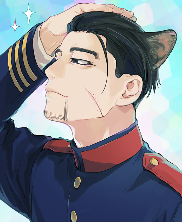 1boy animal_ears black_eyes black_hair cat_ears closed_mouth face facial_hair facial_scar goatee golden_kamuy hair_strand hand_in_hair isa_(peien516) long_sleeves looking_to_the_side male_focus military military_uniform ogata_hyakunosuke scar scar_on_cheek shirt short_hair simple_background solo sparkle uniform upper_body