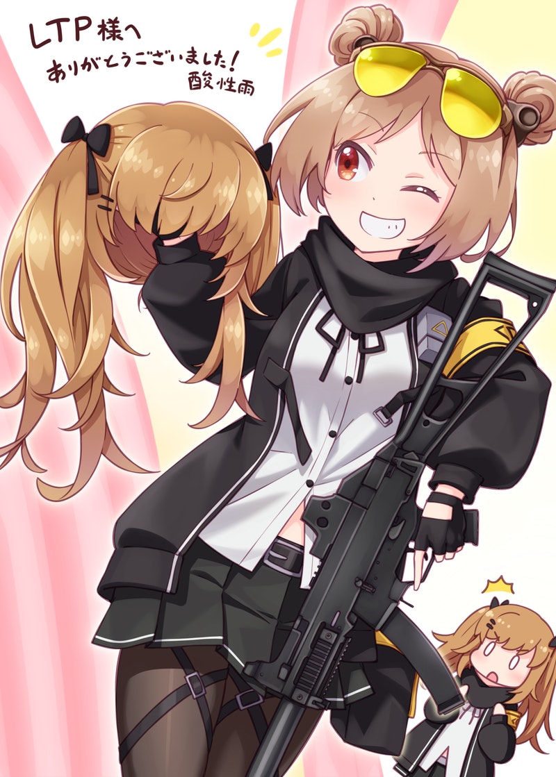 2girls breasts commission cosplay double_bun girls_frontline grin h&amp;k_ump9 light_brown_hair long_hair medium_breasts multiple_girls p90_(girls_frontline) sansei_rain short_hair skeb_commission smile solo_focus surprised twintails ump9_(girls_frontline) ump9_(girls_frontline)_(cosplay) wide-eyed wig