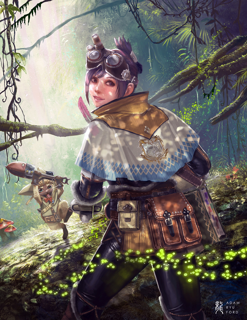 1girl 1other adam_ryu_ford black_hair black_pants book capelet commentary_request dappled_sunlight day felyne folded_ponytail forest from_behind goggles goggles_on_head handler_(monster_hunter_world) highres lips looking_back monster_hunter monster_hunter:_world nature nose pants pouch rainforest short_hair smile solo_focus sunlight whiskers