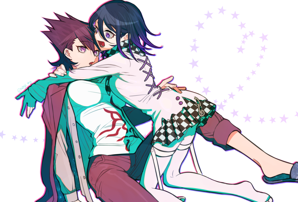 2girls :d artist_name bangs black_hair breasts checkered checkered_scarf checkered_skirt commentary_request dangan_ronpa genderswap genderswap_(mtf) grey_shirt hand_on_another's_waist heart jacket jacket_on_shoulders knee_up kneeling large_breasts long_sleeves looking_at_another lower_teeth male_focus medium_breasts medium_hair momota_kaito multiple_boys multiple_girls nagi_to_(kennkenn) new_dangan_ronpa_v3 open_clothes open_jacket open_mouth open_shirt ouma_kokichi pants pantyhose pink_hair pink_pants scarf shirt short_hair sitting skirt smile space_print spiky_hair star_(symbol) star_print starry_sky_print thigh-highs violet_eyes white_background white_jacket white_legwear white_shirt
