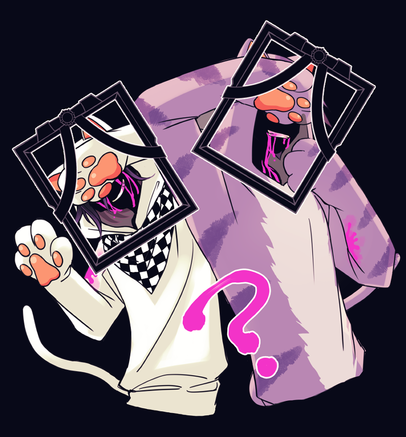 2boys ? animal_costume animal_ears arms_up black_background black_hair blood blood_from_mouth cat_costume cat_ears cat_paws cat_tail checkered checkered_scarf commentary_request covering_eyes cropped_torso dangan_ronpa fake_animal_ears fake_tail grin hair_between_eyes hand_up hood hoodie iei looking_at_viewer male_focus momota_kaito multiple_boys nagi_to_(kennkenn) new_dangan_ronpa_v3 ouma_kokichi paws pink_blood purple_hair scarf simple_background smile spoilers tail translation_request white_hoodie