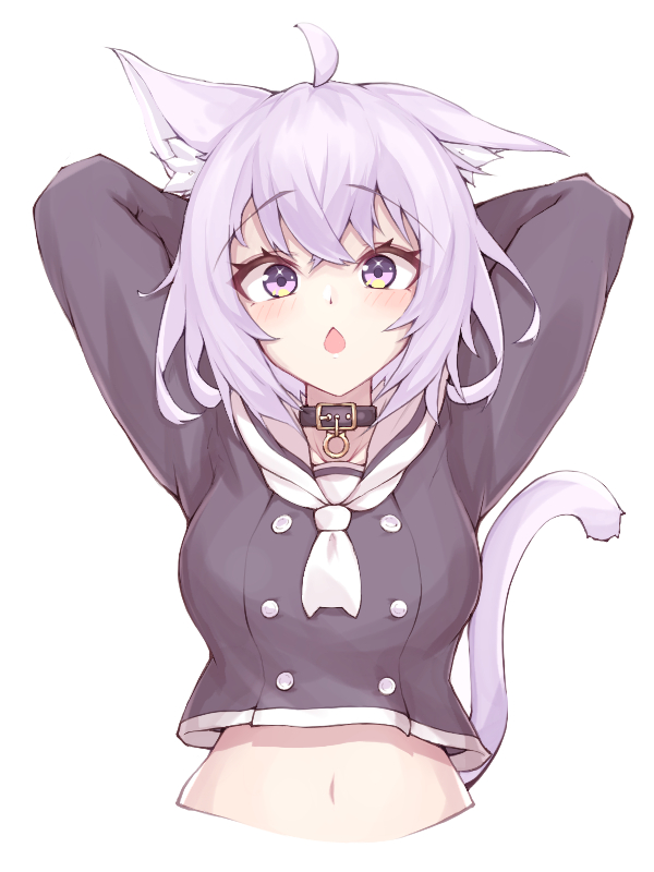 1girl :o ahoge animal_ear_fluff animal_ears arms_behind_head blush breasts cat_ears cat_pendant cat_tail chestnut_mouth choker collar cropped_torso eyelashes hololive long_sleeves looking_at_viewer medium_breasts medium_hair navel neckerchief nekomata_okayu pendant_choker sailor_collar simple_background solo sparkling_eyes tail uchukurage_san upper_body violet_eyes white_background white_neckwear