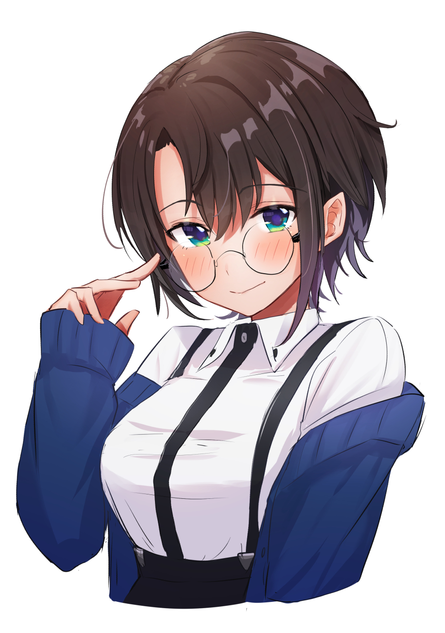 1girl alternate_costume bangs bespectacled blush breasts brown_hair coat eyebrows_visible_through_hair glasses green_eyes highres hololive looking_at_viewer medium_breasts oozora_subaru sasaki_(glass1138) shirt short_hair smile solo suspenders virtual_youtuber