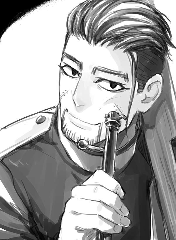 1boy black_eyes black_hair closed_mouth facial_hair facial_scar goatee golden_kamuy greyscale gun hair_strand isa_(peien516) long_sleeves looking_at_viewer male_focus military military_uniform monochrome ogata_hyakunosuke rifle scar scar_on_cheek shirt short_hair simple_background smile solo uniform upper_body weapon