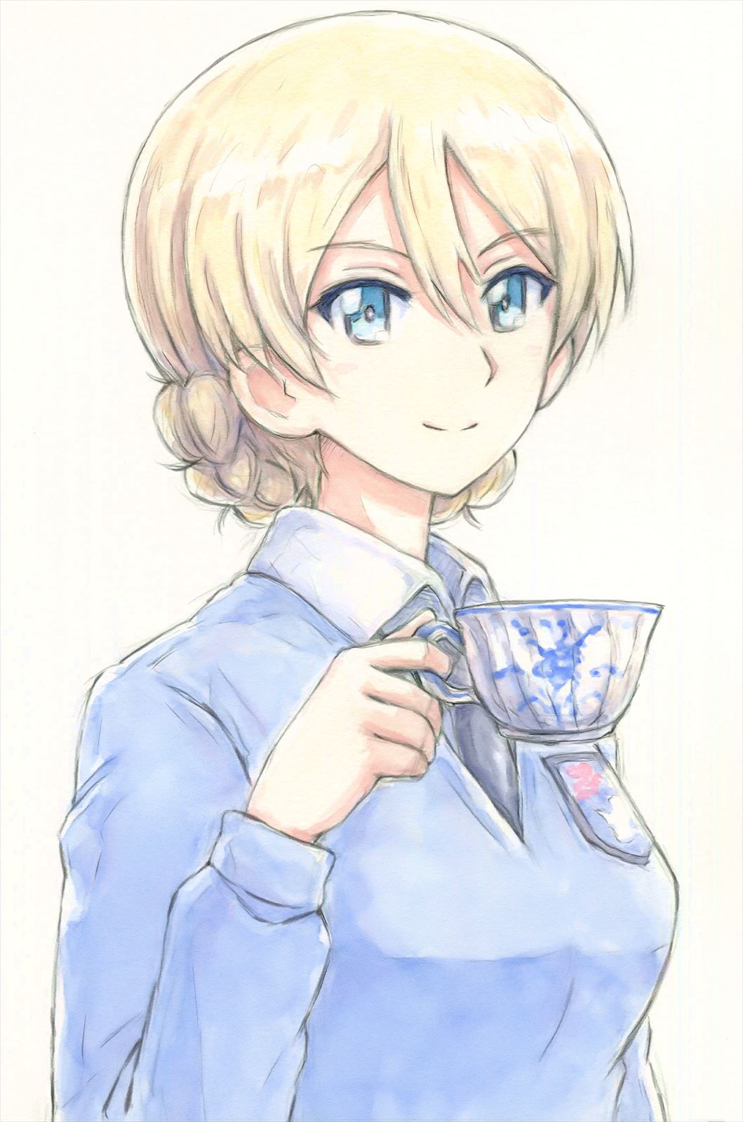 1girl bangs black_neckwear blonde_hair blue_eyes blue_sweater braid closed_mouth commentary cup darjeeling_(girls_und_panzer) dress_shirt emblem girls_und_panzer highres holding holding_cup long_sleeves looking_at_viewer necktie omachi_(slabco) school_uniform shirt short_hair smile solo st._gloriana's_(emblem) st._gloriana's_school_uniform sweater teacup tied_hair traditional_media twin_braids upper_body v-neck watercolor_(medium) white_shirt wing_collar
