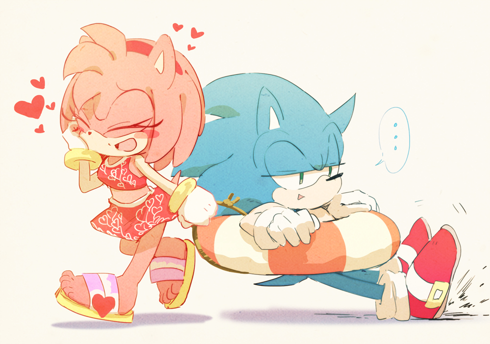... 1boy 1girl amy_rose animal_nose bikini blush_stickers breasts closed_eyes full_body furry gloves hairband hand_on_own_cheek heart heart_print lifebuoy msg01 open_mouth pulling red_footwear red_hairband sandals shoes skirt small_breasts smile sneakers sonic sonic_the_hedgehog spoken_ellipsis swimsuit tank_top walking white_gloves