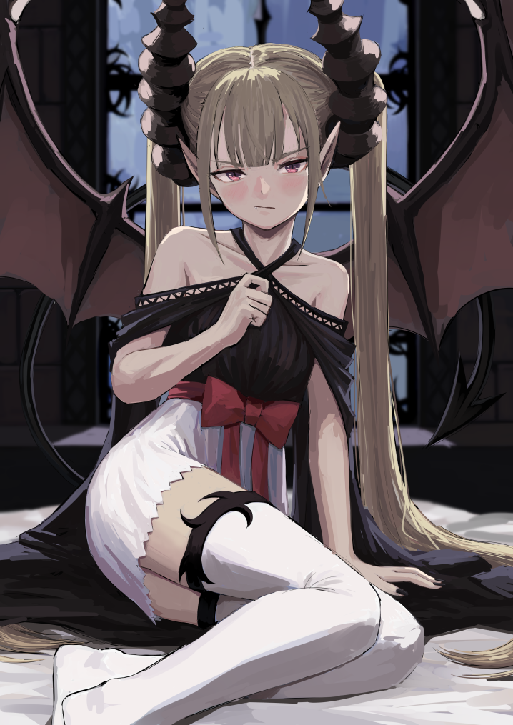 1girl atsuyah0310 bare_shoulders black_nails blonde_hair blush bow closed_mouth collarbone demon_girl demon_horns demon_tail demon_wings fingernails horns indoors long_hair looking_at_viewer original pointy_ears red_bow sitting solo succubus tail thigh-highs twintails very_long_hair violet_eyes white_legwear window wings