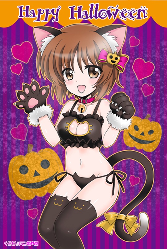 1girl :d animal_ears artist_name bangs bell bell_collar black_bra black_legwear black_panties bow bra breasts brown_eyes brown_hair burafu cat_cutout cat_ear_panties cat_lingerie cleavage_cutout clothing_cutout collar commentary dog_collar english_text fake_animal_ears fake_tail girls_und_panzer gloves hair_bow hair_ornament halloween halloween_costume happy_halloween heart heart_print jack-o'-lantern jack-o'-lantern_hair_ornament jack-o'-lantern_print looking_at_viewer medium_breasts meme_attire navel nishizumi_miho open_mouth panties paw_gloves paws purple_background purple_bow red_collar ribbon short_hair side-tie_panties smile solo standing striped striped_background tail tail_ribbon thigh-highs underwear underwear_only vertical_stripes waving