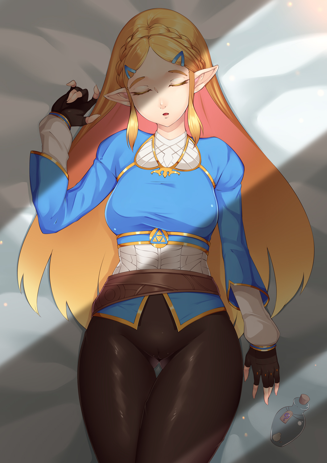 1girl bed_sheet blonde_hair bluespice braid braiding_hair breast_expansion breasts closed_eyes crown_braid hairdressing highres long_hair lying medium_breasts open_mouth pointy_ears princess_zelda sleeping solo sunlight the_legend_of_zelda the_legend_of_zelda:_breath_of_the_wild