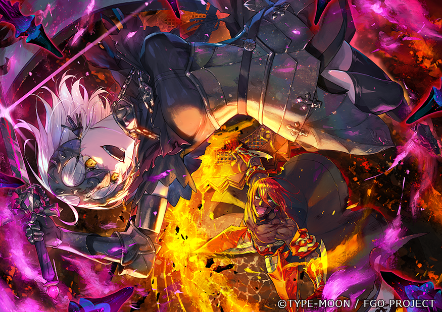 1boy 1girl armor ashwatthama_(fate/grand_order) bare_chest bare_shoulders blonde_hair breasts chest copyright_name dynamic_pose embers energy fate/grand_order fate_(series) fighting fighting_stance fire holding holding_sword holding_weapon jeanne_d'arc_(alter)_(fate) jeanne_d'arc_(fate)_(all) laughing looking_at_another muscle official_art orange_hair redrop sword thigh-highs weapon yellow_eyes