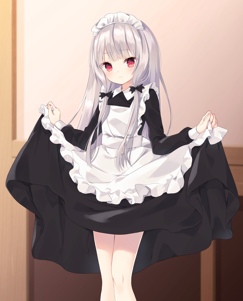 1girl alternate_costume apron bangs black_dress blush closed_mouth commentary_request commission dress dress_lift enmaided eyebrows_visible_through_hair feet_out_of_frame frilled_apron frills indoors lifted_by_self long_hair long_sleeves looking_at_viewer maid maid_apron maid_headdress purin_jiisan red_eyes sidelocks silver_hair skeb_commission solo sophie_twilight standing tonari_no_kyuuketsuki-san very_long_hair white_apron
