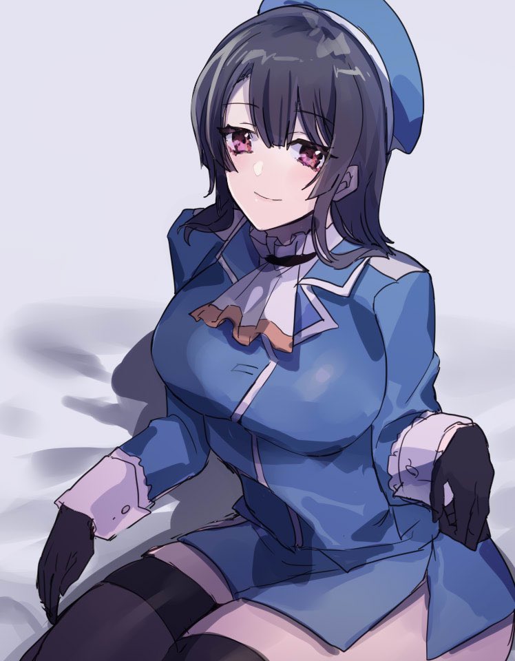 1girl beret black_gloves black_hair black_legwear blue_headwear breasts commentary_request cowboy_shot gloves hat kantai_collection large_breasts military military_uniform miniskirt picoli1313 red_eyes short_hair sitting skirt smile solo takao_(kantai_collection) thigh-highs uniform