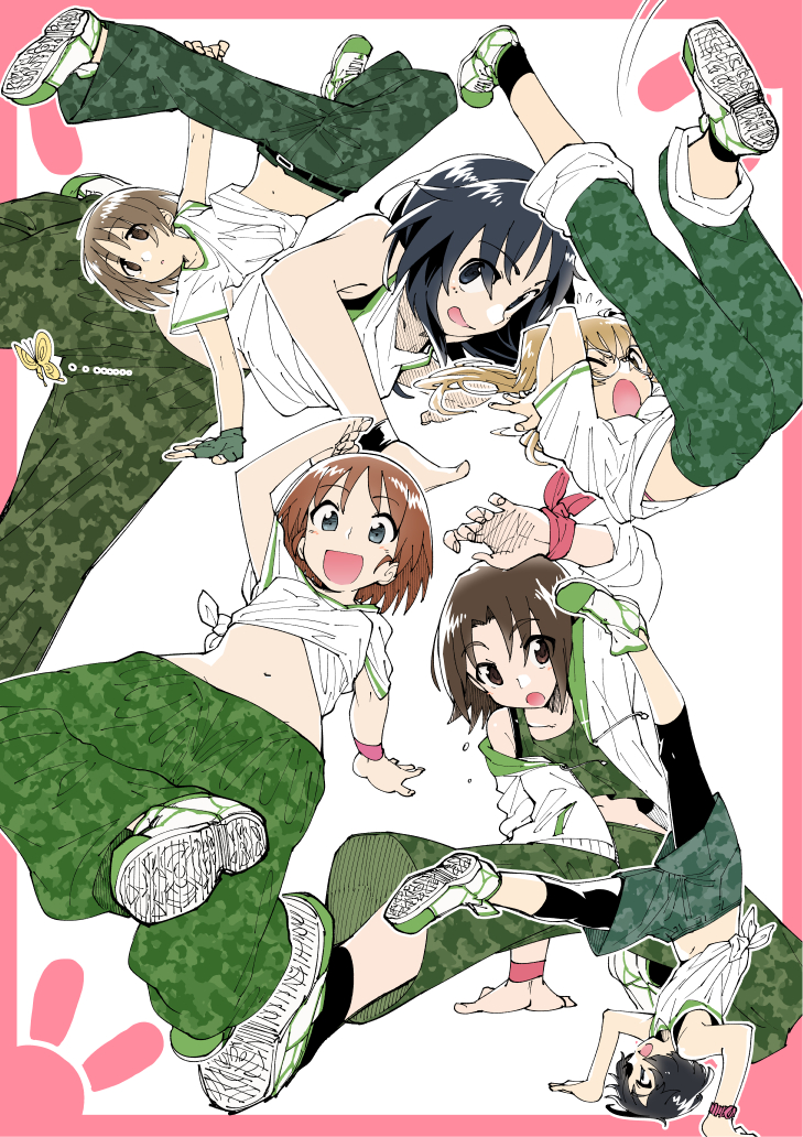 6+girls :d arm_up bangs black_eyes black_hair black_legwear blue_eyes border breakdance brown_eyes brown_hair bug butterfly camouflage camouflage_pants commentary falling flying_sweatdrops freckles girls_und_panzer glasses green_pants green_shirt handstand headstand insect jacket leg_hold leggings legwear_under_shorts long_hair long_sleeves looking_at_viewer maruyama_saki midriff motion_lines multiple_girls navel no_socks one_eye_closed oono_aya open_clothes open_jacket open_mouth pants pants_rolled_up pantyhose parted_bangs parted_lips pink_border round_eyewear sakaguchi_karina sawa_azusa shirt shoes short_hair short_sleeves shorts sleeves_rolled_up smile sneakers socks t-shirt tank_top tied_shirt tsuru_(clainman) twintails upside-down utsugi_yuuki white_footwear white_jacket white_shirt wince wristband yamagou_ayumi