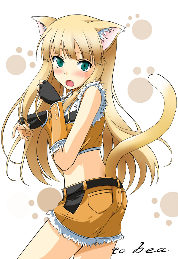 1girl animal_ear_fluff animal_ears back bangs belt black_gloves blonde_hair blunt_bangs blush cat_ears cat_girl cat_tail cecil_damon commentary_request cowboy_shot embarrassed eyebrows_visible_through_hair fang fingerless_gloves fur-trimmed_crop_top fur-trimmed_gloves fur-trimmed_shorts fur_trim gloves green_eyes hair_between_eyes kemonomimi_mode kuroma_(no_plan) long_hair looking_at_viewer looking_back open_mouth paw_pose paw_print_background ragnarok_online short_hair short_shorts shorts simple_background sniper_(ragnarok_online) solo standing tail white_background yellow_gloves yellow_shorts