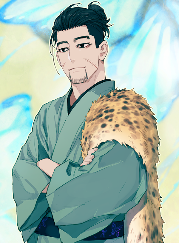 1boy alternate_costume animal_print aqua_kimono black_eyes black_hair closed_mouth crossed_arms face facial_hair facial_scar goatee golden_kamuy hair_strand hand_in_hair isa_(peien516) japanese_clothes kimono light_smile long_sleeves male_focus ogata_hyakunosuke scar scar_on_cheek short_hair simple_background solo uniform upper_body