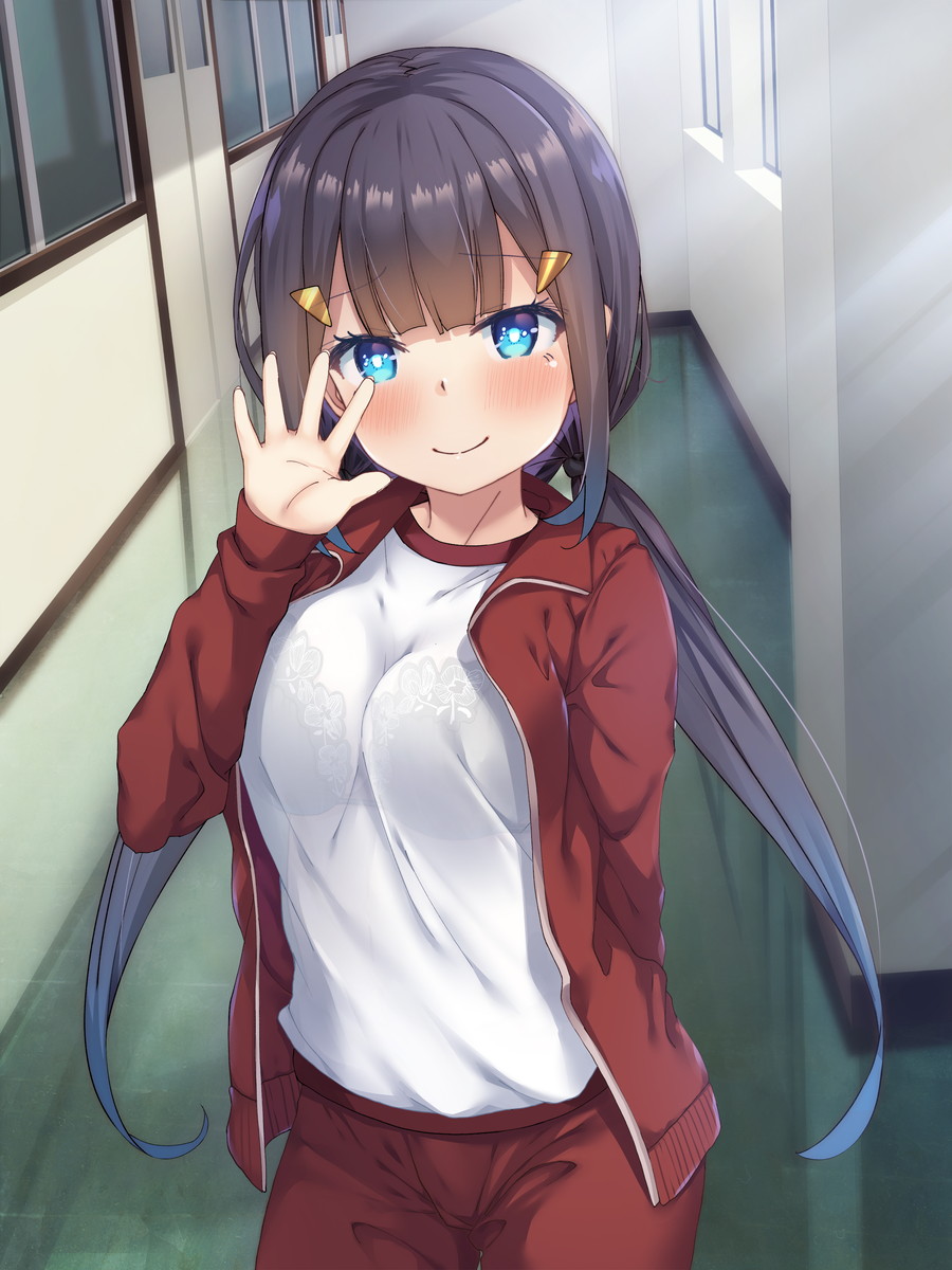 1girl black_hair blue_eyes blush bra_through_clothes bralines breasts closed_mouth eyebrows_visible_through_hair gym_uniform hair_ornament hallway hand_up highres indoors jacket jersey kazumasa large_breasts long_hair low_twintails original school smile track_jacket track_suit twintails underwear waving