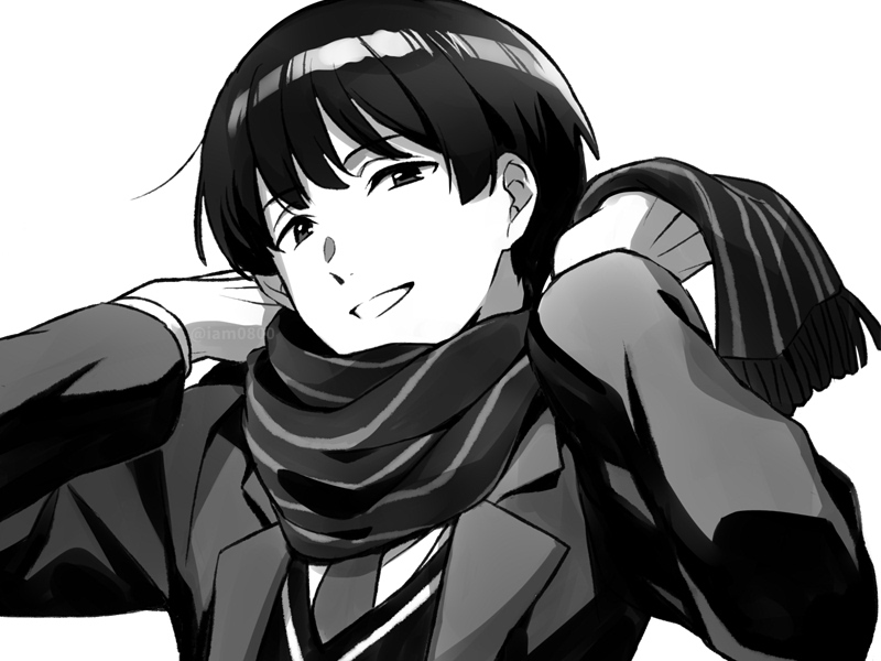 1boy bangs blazer cardigan collared_shirt commentary_request grey_background greyscale hands jacket kyoukai_no_kanata looking_at_viewer male_focus monochrome nase_hiroomi necktie open_clothes open_jacket parted_lips sayshownen scarf school_uniform shiny shiny_hair shirt short_hair smile solo twitter_username up watermark