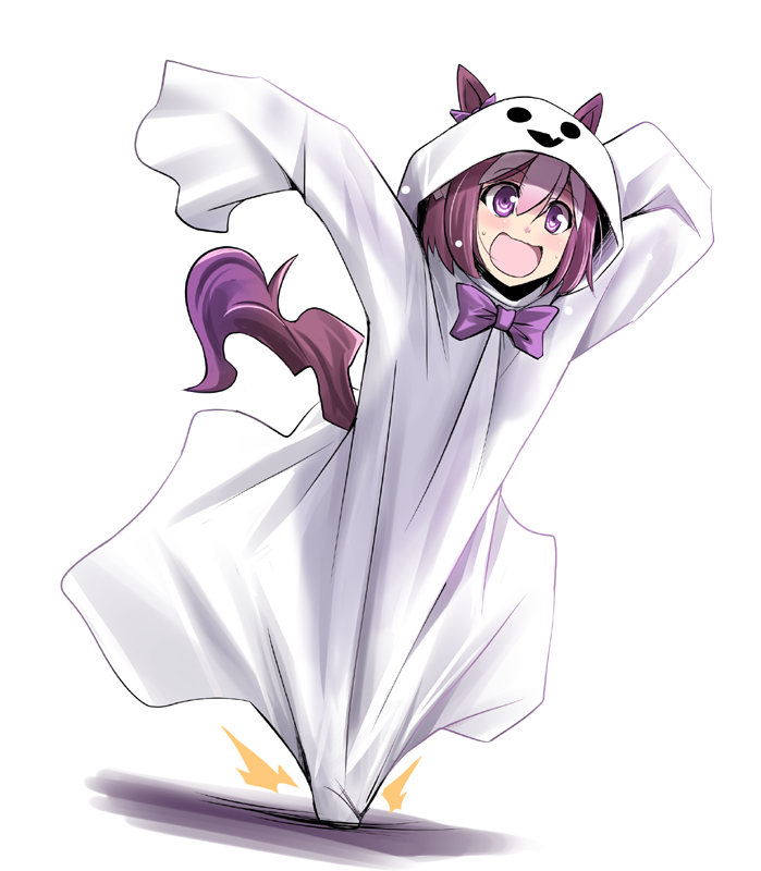 1girl :d animal_ears bangs bow bowtie brown_hair commentary ghost_costume hairband halloween halloween_costume hood hood_up horse_ears horse_tail looking_to_the_side multicolored_hair open_mouth oversized_clothes purple_neckwear running short_hair simple_background sleeves_past_fingers sleeves_past_wrists smile solo special_week standing sweatdrop tail tonpuu tripping two-tone_hair umamusume white_background white_hairband