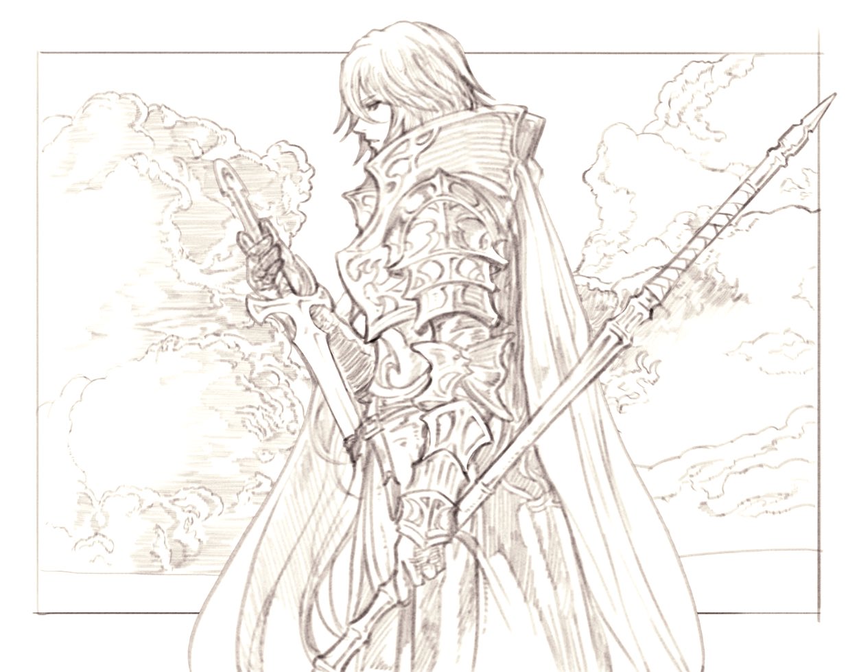 1boy armor cape clouds cloudy_sky dual_wielding greaves greyscale hatching_(texture) holding holding_polearm holding_sword holding_weapon male_focus monochrome original parted_lips pauldrons polearm scabbard sheath shoulder_armor shukei_co sky sword unsheathed vambraces weapon