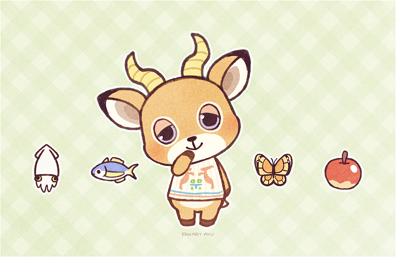 1boy animal_ears apple artist_name ayu_(mog) barefoot blue_eyes blush bottomless bug butterfly closed_mouth commentary_request deer_ears doubutsu_no_mori fish food fruit full_body furry green_background hand_up happy head_tilt horns insect light_blush looking_at_viewer male_focus outline peter_(doubutsu_no_mori) plaid plaid_background shirt signature simple_background sleeveless sleeveless_shirt smile solo squid standing tail white_outline