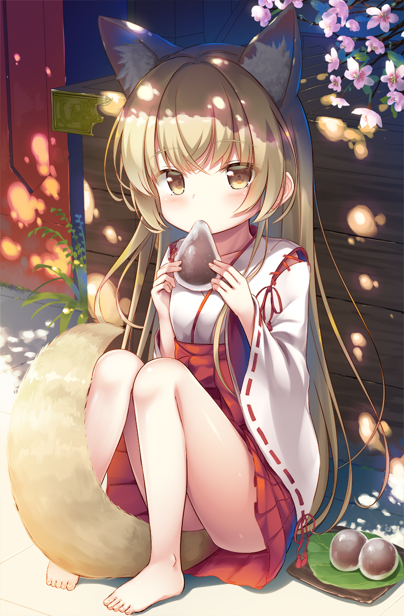 1girl animal_ear_fluff animal_ears barefoot brown_eyes brown_hair dog_ears dog_tail eating feet flower food hakama_skirt highres japanese_clothes knees_up leaf legs long_hair looking_at_viewer miko original outdoors psyche3313 red_skirt shirt sitting skirt solo tail thighs toes white_shirt