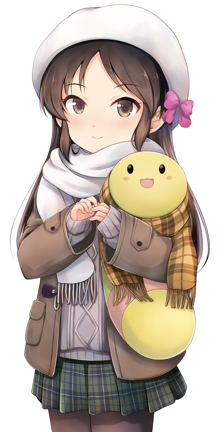 1girl aran_sweater bangs beret bow brown_eyes brown_hair brown_jacket brown_legwear brown_scarf closed_mouth commentary_request cowboy_shot eyebrows_visible_through_hair fringe_trim green_skirt grey_sweater hands_together hat hat_bow highres idolmaster idolmaster_cinderella_girls idolmaster_cinderella_girls_starlight_stage jacket long_sleeves looking_at_viewer onion_(lemlaml) open_clothes open_jacket own_hands_together pantyhose parted_bangs pink_bow plaid plaid_scarf plaid_skirt pleated_skirt scarf simple_background skirt sleeves_past_wrists smile solo sweater tachibana_arisu white_background white_headwear white_scarf