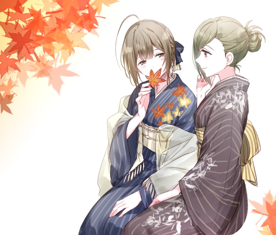 2girls ahoge autumn_leaves black_kimono blue_kimono brown_hair commentary_request covering_mouth floral_print from_side green_hair idolmaster idolmaster_shiny_colors japanese_clothes kimono kuwayama_chiyuki leaf light_smile multiple_girls nanakusa_hazuki obi profile romi_(346_ura) sash shawl sitting striped vertical-striped_kimono vertical_stripes