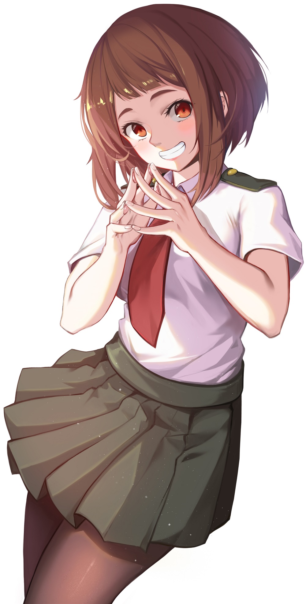 1girl bangs blunt_bangs blush blush_stickers boku_no_hero_academia breasts brown_eyes brown_hair brown_legwear collared_shirt commentary_request cowboy_shot fingers_together grin hands_up highres kyuu_(chiu850513) legs_together looking_at_viewer medium_breasts miniskirt necktie open_mouth pantyhose pleated_skirt red_eyes red_neckwear school_uniform shirt shirt_tucked_in short_hair short_sleeves simple_background skirt smile solo teeth u.a._school_uniform uraraka_ochako white_background white_shirt