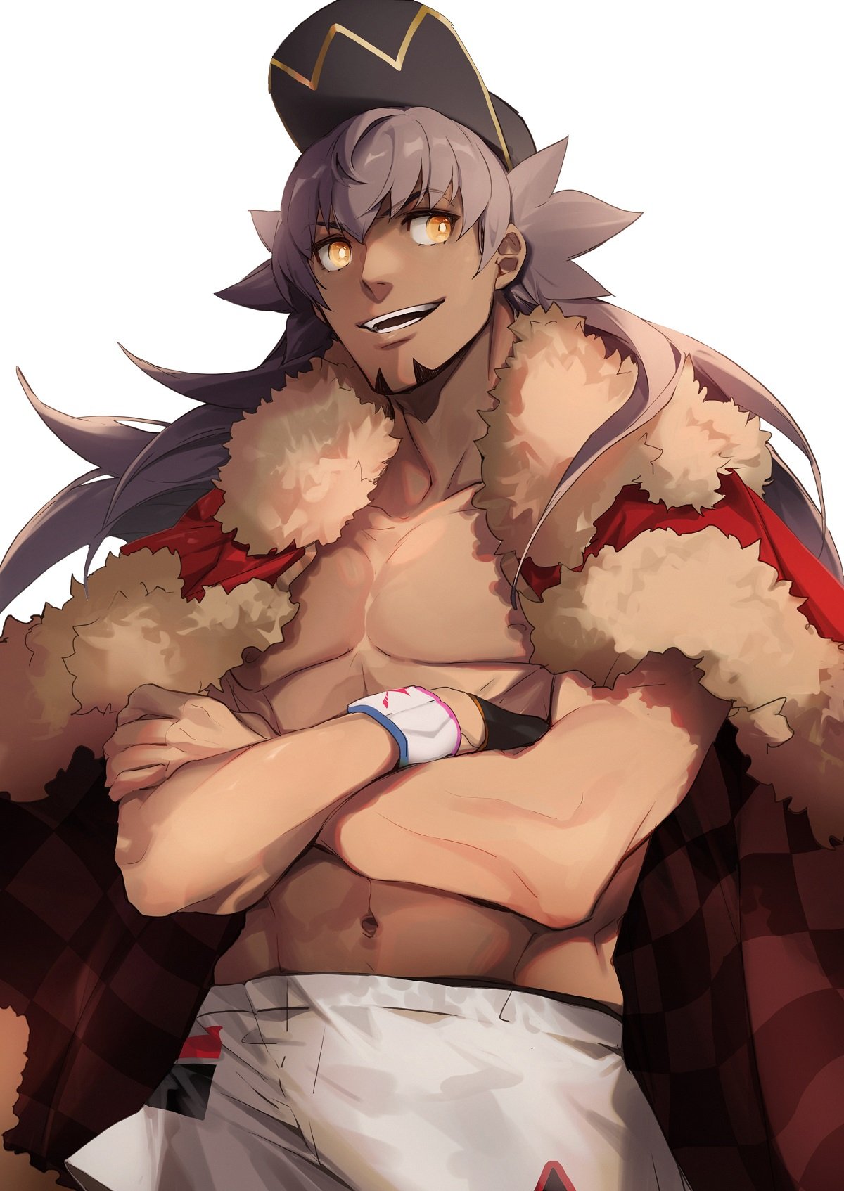 ._(mdm_pk) 1boy bangs baseball_cap black_headwear cape chest commentary_request crossed_arms dark_skin dark_skinned_male dynamax_band facial_hair fur-trimmed_cape fur_trim gloves hat highres leon_(pokemon) long_hair looking_to_the_side male_focus open_mouth pokemon pokemon_(game) pokemon_swsh red_cape shirtless shorts smile solo teeth white_background white_shorts yellow_eyes