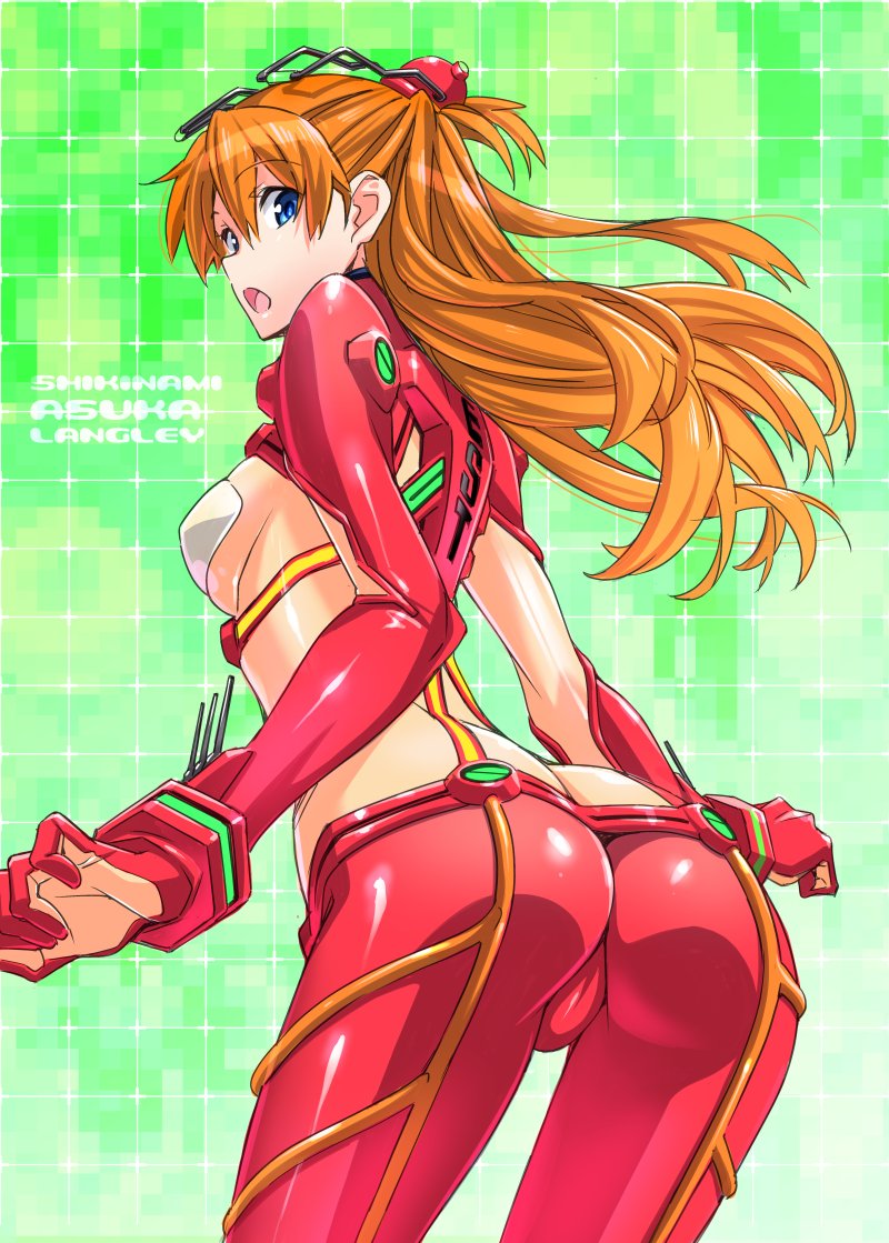 1girl ass blue_eyes blush bodysuit breasts evangelion:_2.0_you_can_(not)_advance from_behind long_hair looking_at_viewer looking_back medium_breasts multicolored multicolored_bodysuit multicolored_clothes neon_genesis_evangelion open_mouth orange_bodysuit pilot_suit plugsuit rebuild_of_evangelion red_bodysuit shikinami_asuka_langley shiny shiny_clothes shiny_hair shiny_skin solo souryuu_asuka_langley standing suzutsuki_kurara test_plugsuit