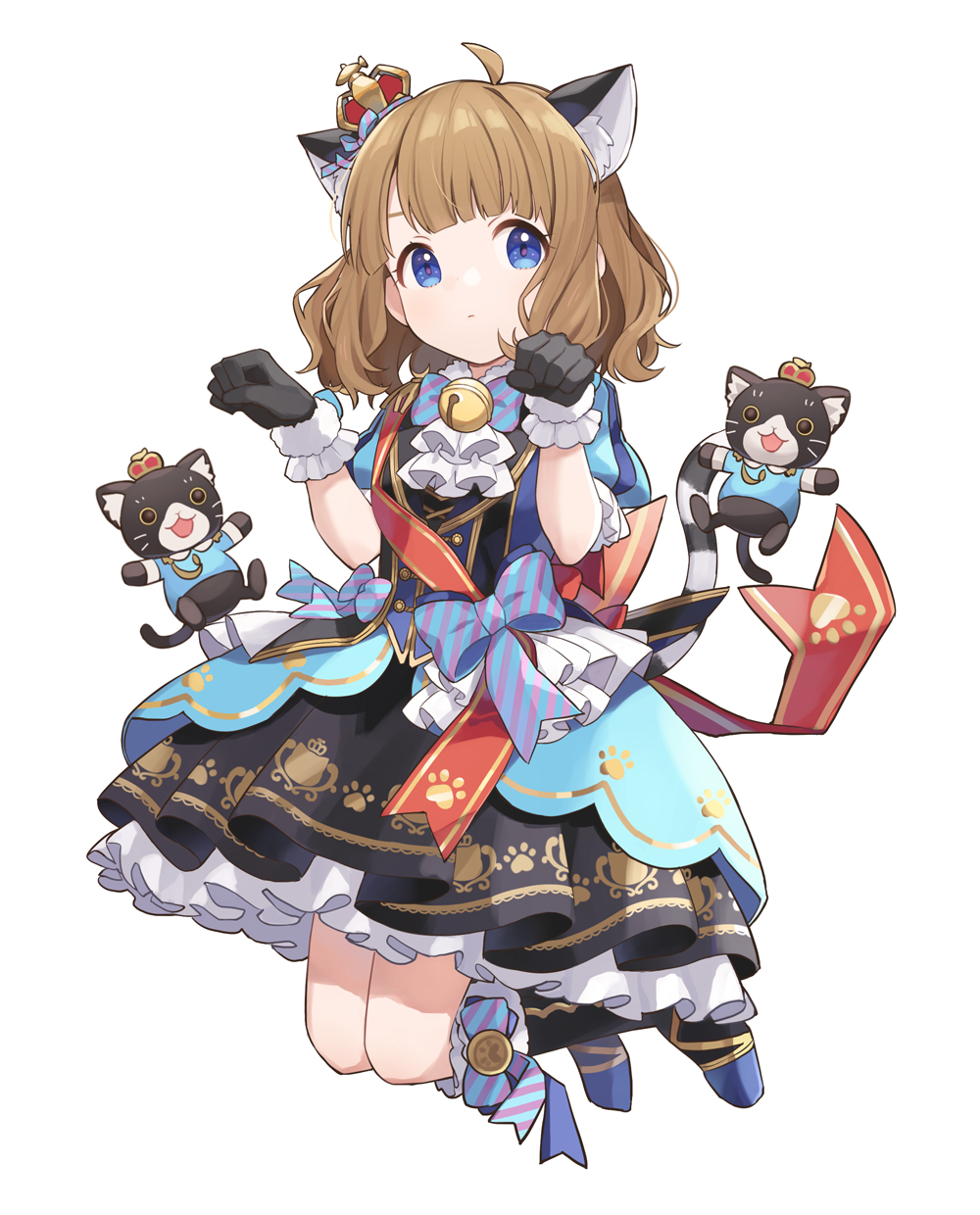 1girl ahoge animal_ear_fluff animal_ears arms_up bangs bell black_footwear black_gloves blue_dress blue_eyes boots bow bowtie brown_hair cat cat_ears cat_tail chiri_(ch!) commentary crown dress frilled_dress frilled_gloves frills full_body fur-trimmed_boots fur-trimmed_gloves fur_trim gloves highres idolmaster idolmaster_million_live! jumping mini_crown paw_pose paw_print_pattern short_hair short_sleeves simple_background solo striped striped_bow striped_neckwear striped_tail suou_momoko tail waist_bow white_background