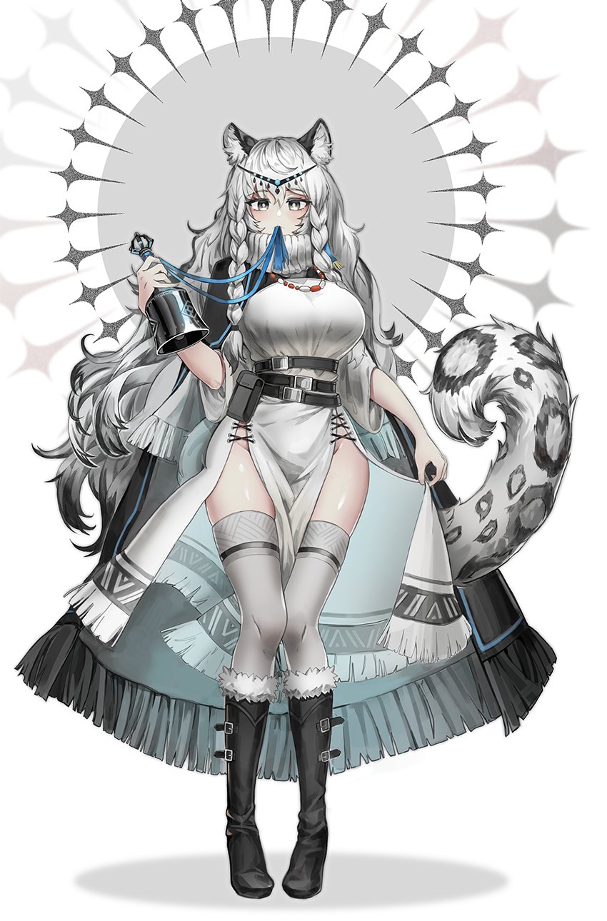 1girl animal_ears arknights bead_necklace beads bell belt belt_buckle belt_pouch black_capelet black_footwear blue_ribbon boots braid bright_pupils buckle capelet clothes_between_thighs contrapposto cross-laced_clothes crotch dano dress eyebrows_visible_through_hair full_body fur fur_trim grey_eyes hair_between_eyes headpiece highres hip_vent holding jewelry knees_touching leopard_ears leopard_tail long_hair long_skirt looking_at_viewer mouth_hold multicolored_hair multiple_belts necklace no_panties pouch pramanix_(arknights) ribbon ribbon_in_mouth side_braids silver_hair simple_background skirt skirt_lift solo spotted_fur tail tareme thigh-highs thighs turtleneck turtleneck_dress two-tone_hair very_long_hair white_dress wide_hips