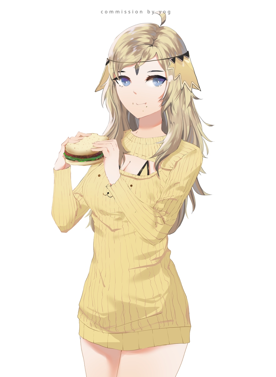 1girl blonde_hair blue_eyes casual eating fire_emblem fire_emblem_fates food hamburger highres looking_at_viewer meme_attire open-chest_sweater ophelia_(fire_emblem) solo sweater yog09